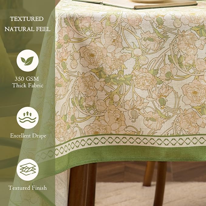 French Linen Tablecloth Square, Vintage Floral Table Cloth, Waterproof Table Cover for Picnic Dining Party Wedding, Sage Green, 55x55''