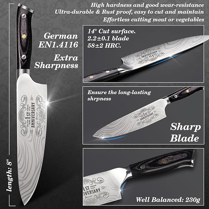 1 Year Anniversary Paper Gifts for Boyfriend, 1st Anniversary Present for Men Him Husband, 8 inch Pro German Chef Knife, One Year Kitchen Knife Gift Set, Best First Year Valentines Birthday Him Gifts
