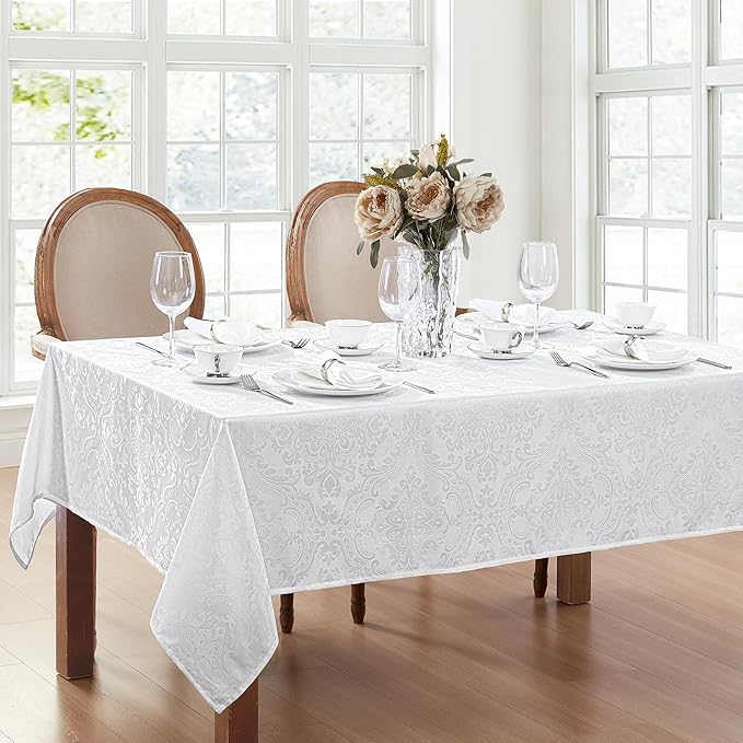 Elrene Home Fashions Caiden Elegance Damask Waterproof, Stain & Wrinkle Resistant Fabric Tablecloth, 52" x 70" Oblong/Rectangle, White