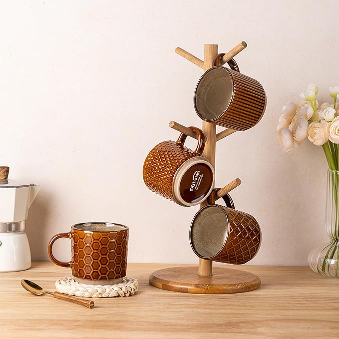 GBhome 8 OZ Stackable Coffee Mugs, Ceramic Coffee Mugs with Texture Patterns for Man,Woman,Dad,Mom, Modern Coffee Cups Set of 4 for Espresso/Cappuccino. Dishwasher&Microwave Safe,