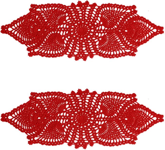 BIBITIME Crochet Lace Table Doilies Eyes Flower Doily Kitchen Vase Place Mats (7 in x 21 in,Pack of 2PCS, Style02-Red)