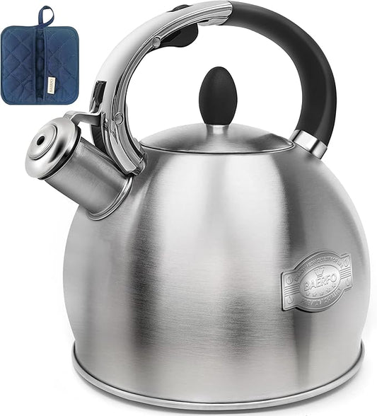 Stainless Steel Tea Kettle, Tea Kettles Stovetop, Vintage Whistling Teapot for Stove, Durable and Rust-Resistant, with a Pot Holder Included, Whistling Tea Kettle 2.64 Quart (Brushed)