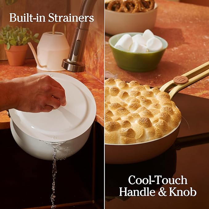 Our Place 11-Piece Essentials Complete Cookware Set - Ceramic Fry Pan, Saucepan, Sauté Pan, Stock Pot, Strainer Basket & Rack Storage | Thermakind™ Nonstick, Oven Safe up to 450°F | Cream