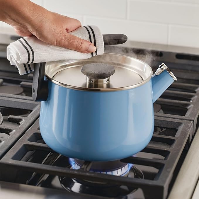 KitchenAid Teakettles Enamel-on-Steel Stovetop Whistling Teakettle, Induction Ready, Stainless steel Lid, 2 Quart - Blue Velvet