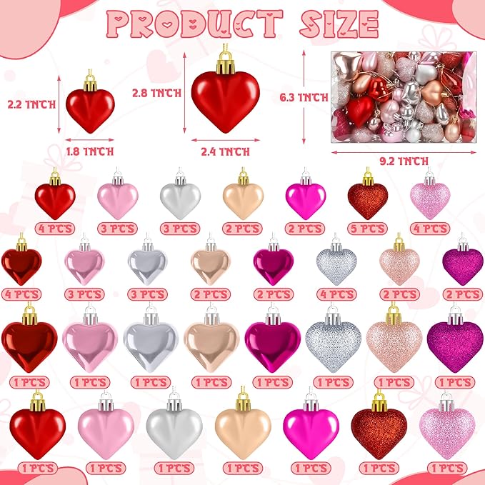 60 PCS Heart Shaped Ornaments, Romantic Glitter Hanging Baubles Decorations, Red Pink Glossy Ornaments Bulk for Valentine's Day Wedding Party Home Decor