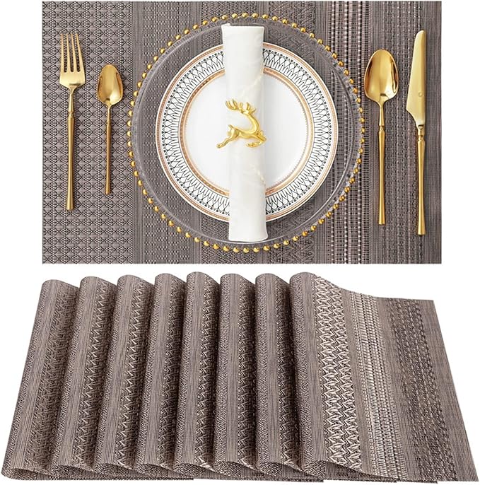 Placemats Set of 8 Heat- PVC Woven Stain Anti-Skid Table Mats Washable for Kitchen Table(Brown)