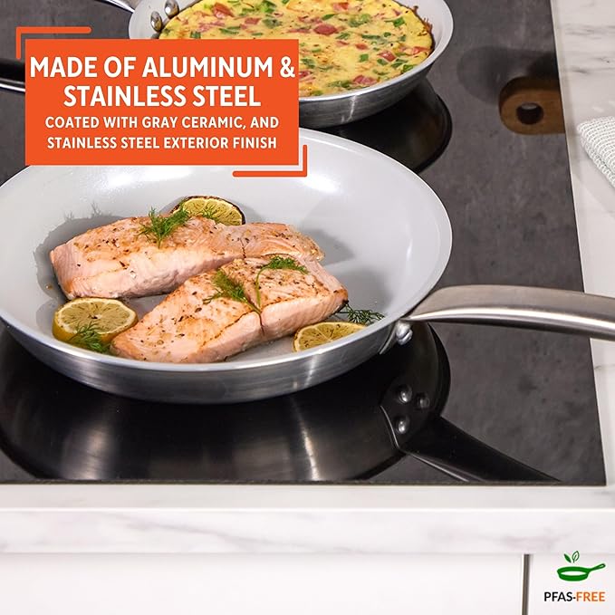 IMUSA 10” Stainless Steel Frying Pan with Gray Ceramic Non Stick Coating, 2 Ply Aluminum Construction, Oven Safe and Induction Compatible Skillet