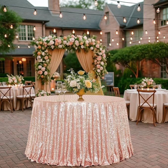 Eternal Beauty Rose Gold Tablecloth, 120 Inch Round Sequin Tablecloth for Valentines Party Cake Dessert Table Exhibition Events