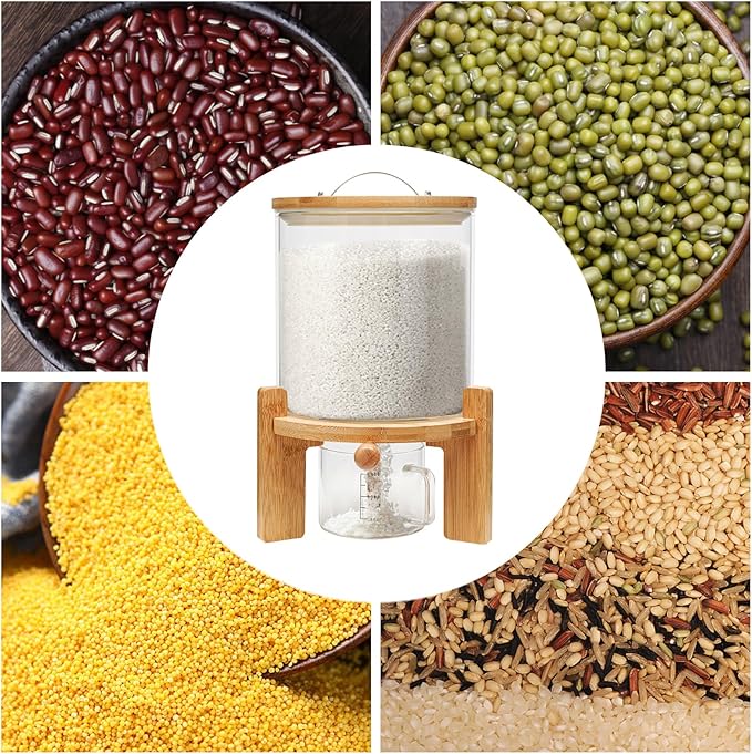 Flour and Cereal Container, Rice Dispenser 5L Glass Food Storge Container for Kitchen Organization and Pantry Store, with Airtight Lid, Measuring Cup and Wooden Stand