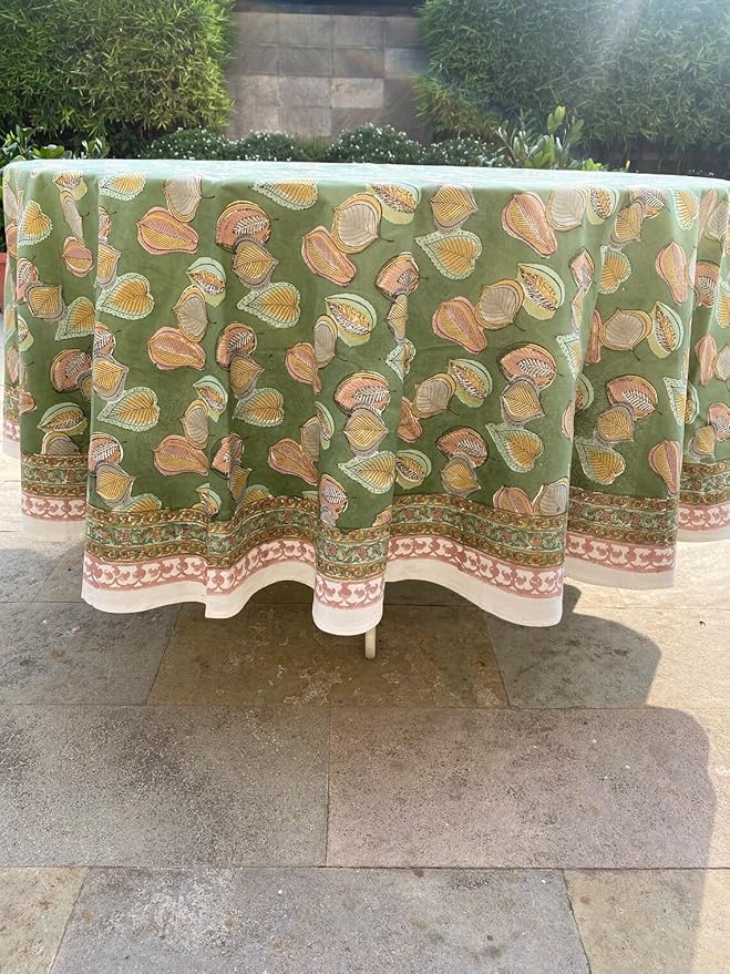 Ridhi Block Print Round Peppermint Green Reusable Tablecloth 100% Cotton 132" Inch Decorative Table Cover eveyday Dining, Home, Party, Wedding, Farmhouse Gift for Spring, Easter, Valentine