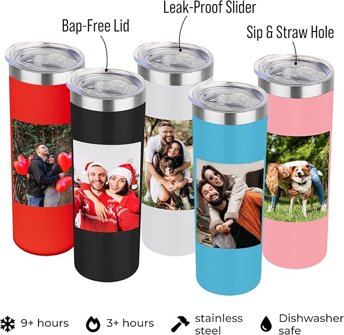 Custom photo tumbler with lids, personalized 20oz insulated drinking pictures thermal hot & cold beverages cups, skinny metal coated thermo gift for couples women & men, memorial, birthdays (Pictures)
