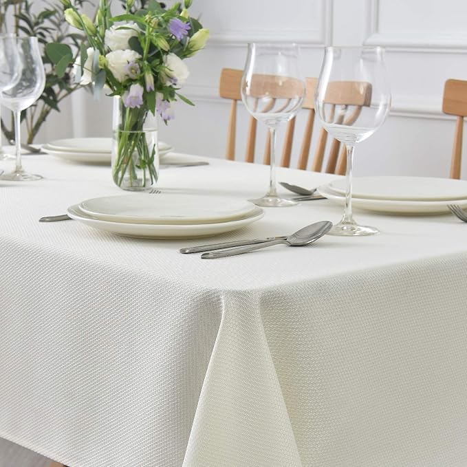 maxmill Jacquard Square Tablecloth Waterproof Spillproof Wrinkle Resistant Soft Textured Table Cloth for Dinner and Party Washable Polyester Fabric, Indoor and Outdoor Use, 60 x 60 Inch, Ivory