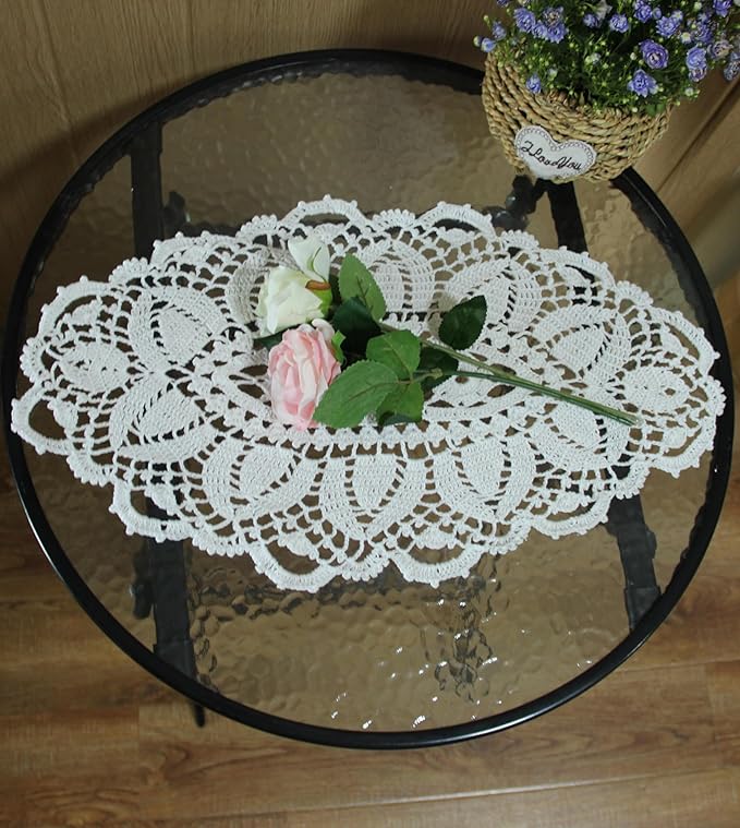 BIBITIME Lace Tablecloth Doily Handmade Crochet Placemat Women Vase Mat Kitchen Table Runner (1PC- 12 x 22 in, White)
