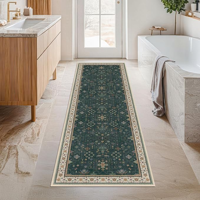 Dark Green 2x8 Non Slip Kitchen Runner Rugs - Modern Vintage Boho Eclectic Floral Pattern, Washable Low Pile Non-Slip 8ft Long Runner Rugs for Hallway, Entrance