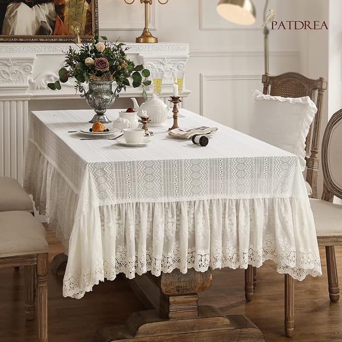 patdrea Vintage White Lace Tablecloth,Design Embroidered Cotton Ruffle Table Cloth for Rectangle Table,Elegant Rustic Fabric Decorations for Wedding Party Thanksgiving Christmas 63"*79"