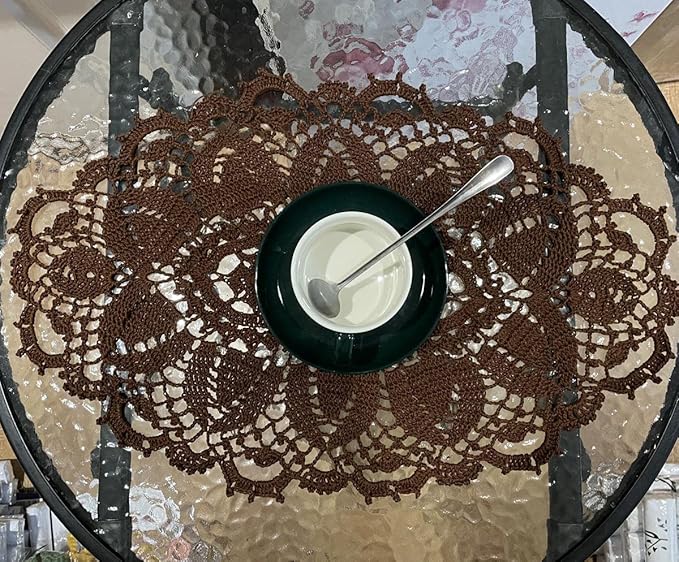 BIBITIME Lace Tablecloth Doily Handmade Crochet Placemat Women Vase Mat Kitchen Table Runner (2PCS- 12 x 22 in, Coffee)