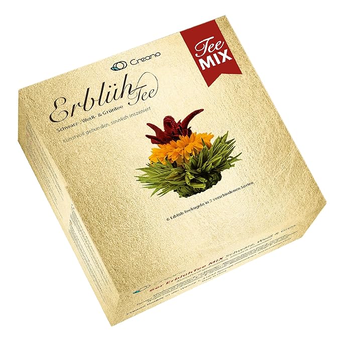 Creano Tea Flowers Mix Golden Gift Set Blooming Tea with Glass Teapot White, Green & Black Tea in 6 Varieties Tea Flower Blooming Tea Gift for Women
