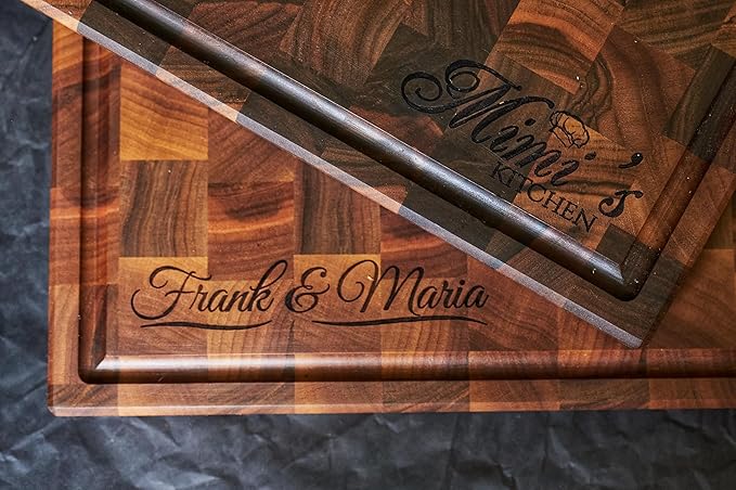 Personalized End Grain Walnut Cutting Board, GrainWoods Handcrafted Wood Kitchen Chopping Block (16x10x2 Inches)