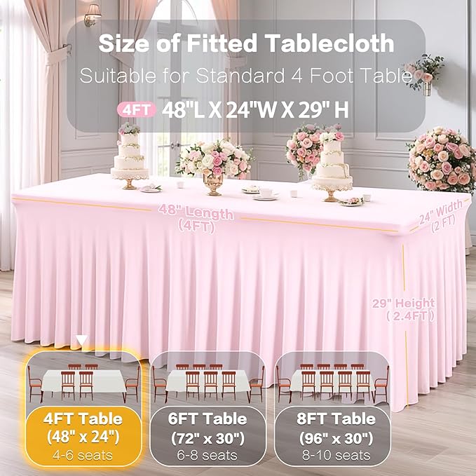 2 Packs Baby Pink Spandex Table Covers 4ft,Fitted Table Covers for 4 Foot Tables Stretch Spandex Table Skirts Rectangle Tables for Event, Wedding, Banquet & Parties