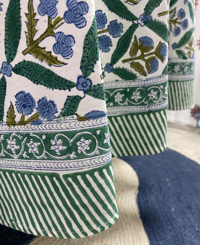 Ridhi Block Print Round Sea Green Reusable Tablecloth 100% Cotton 132" Inch Decorative Table Cover eveyday Dining, Home, Party, Wedding, Farmhouse Gift for Spring, Easter, Valentine