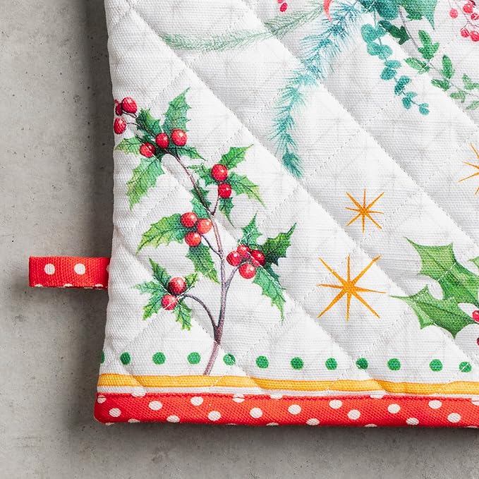Maison d' Hermine 100% Cotton Oven Mitt & Pot Holder Set (7.5"x13" & 8"x8") Heat Resistant BBQ Cooking Gloves with Loop for Thanksgiving Christmas Decorations Handling Hot Pans (Poinsettia Christmas)