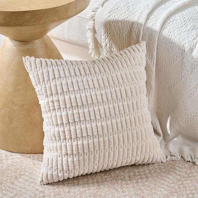 Fancy Homi Set of 4 Grey and White Decorative Throw Pillow Covers 20x20 Inch for Couch Bed Chair, Modern Farmhouse Boho Room Decor, Soft Fuzzy Double Sided Corduroy Textured Striped Cushion Case 50cm