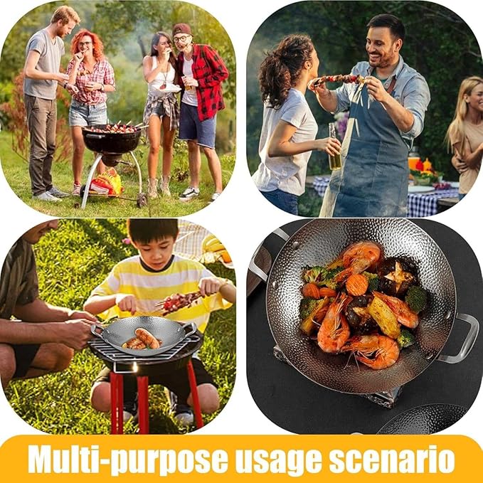Stainless Steel Non-Stick Wok with Double Handles - Round Bottom Stir Fry Pan for Gas & Charcoal Grill, Ideal for Outdoor Cooking & Camping, Durable and Versatile Skillet