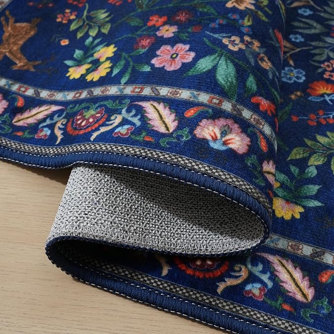 Rugcomf Runner Rug Washable Kitchen Runner 2'x 10' Runner Rug for Entryway Indoor Floral Soft Non-Slip Carpet Runner for Hallways, Kitchen, Laundry, Bedroom, Bathroom(Blue)