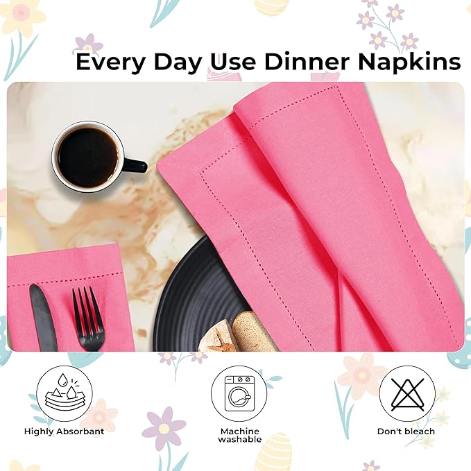 Homidate 100% Cotton Cloth Dinner Napkins Set of 12 – 18x18 Baby Pink Hemstitched – Soft Durable Machine Washable Fabric Napkins for Weddings, Parties & Holidays