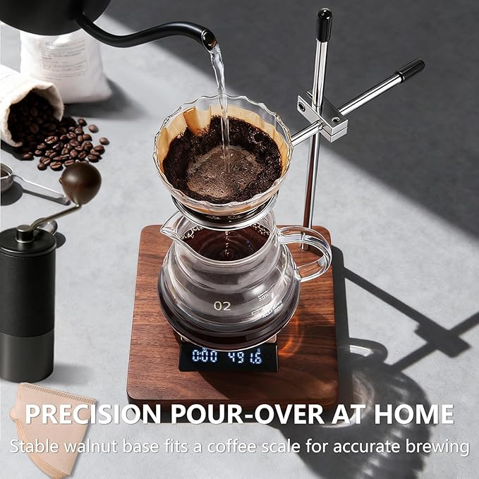 Pour Over Coffee Stand with American Black Walnut Base, Adjustable Coffee Dripper Stand, Wooden Brewing Station, Cone Holder, Elegant Gift for Brew Enthusiasts, Home Barista & Kitchen Décor