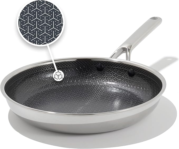 OXO Hybrid 10” Nonstick Stainless Steel Frying Pan, Durable PFAS-Free Ceramic Skillet, Stay-Cool Handle, Induction & All Cooktop Compatible, Dishwasher Safe, Mirror Polished Tri-Ply