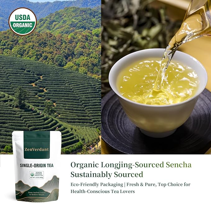 ZenVerdant USDA Organic Sencha Green Tea, 12oz | Dragon Well Infused Loose Leaf | Antioxidant-Rich