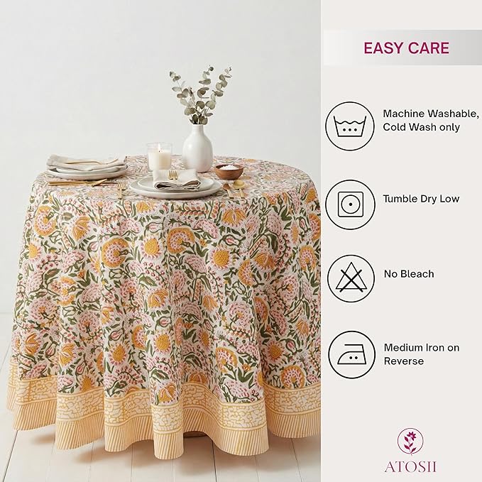 ATOSII Clover Yellow 100% Cotton Round Tablecloth, Handblock Print Floral Table Cloth for Kitchen Dining Linen I Parties, Weddings, Outdoors, Christmas, Thanksgiving I Fall Home Decor 72" Inches Round