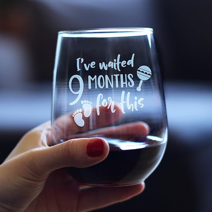Bevvee Waited 9 Months For This - Funny New Mom Stemless Wine Glass - Push Presents for Expectant Moms and Post Pregnancy Gifts - Large 17 Ounce