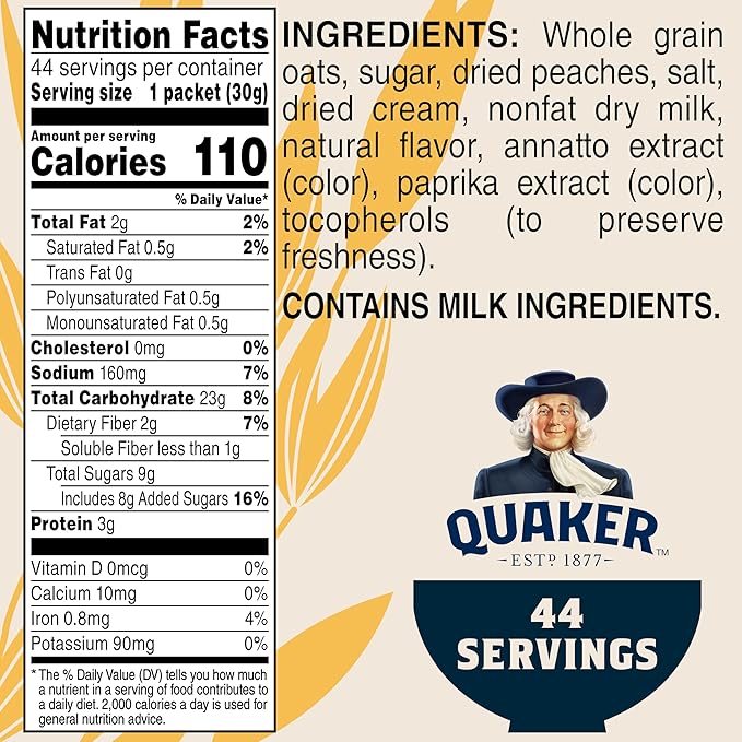 Quaker Instant Oatmeal, Peaches & Cream, 1.05oz, 44 Counts (Pack of 1)