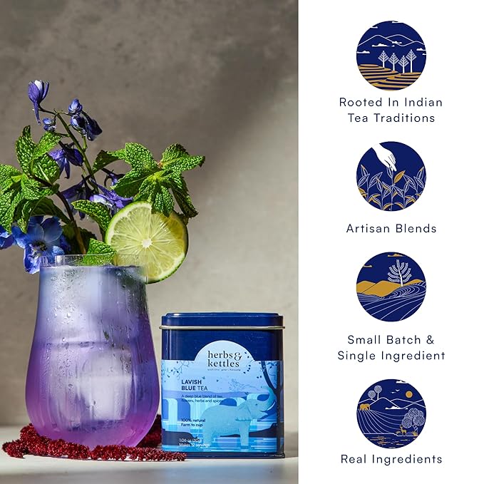 Herbs & Kettles Lavish Blue Tea | Butterfly Pea Flower Tea with Darjeeling Green Tea, Lemongrass, Ginger & Mint | Color-Changing Herbal Loose Leaf | Antioxidant Rich, Stress Relief & Skin Glow | Premium Tea Gift