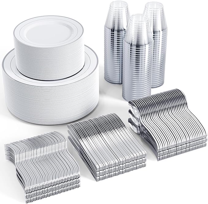 FOCUSLINE 600 Ct Silver Dinnerware Set for 100 Guests - Silver Rimmed Disposable Plastic Plates, Includes 100 Dinner & Salad Plates, Cups, Cutlery Set for Wedding Parties