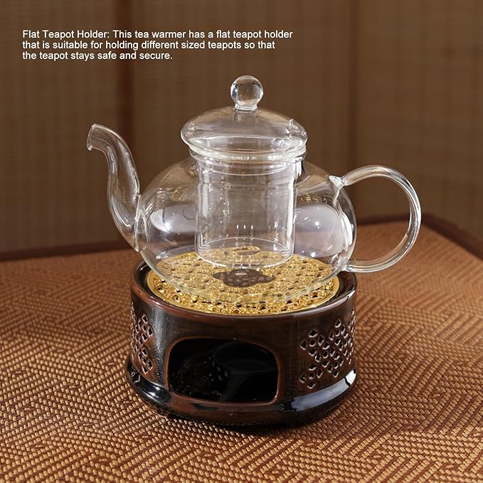 Teapot Warmer Ceramic Teapot Heater with Spoon Lid, Candle Holder for Heating Tea, Coffee and Milk, Universal Teapot Heater Brown