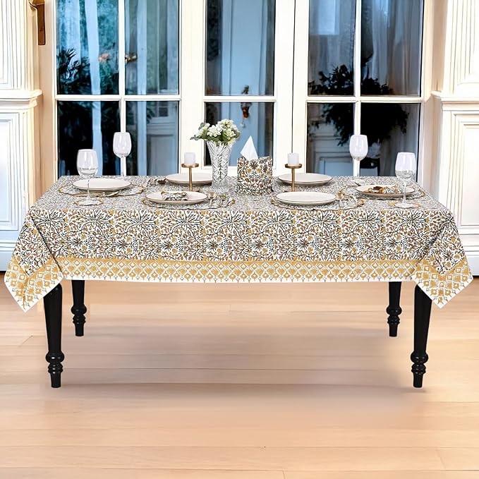 Ridhi Hand Block Print Goldenrod Yellow Rectangle Cotton Tablecloth 108" x 70" Reusable Table Cover Decorative Everyday Use for Dining, Farmhouse, Home Gift for Spring, Easter, Valentine
