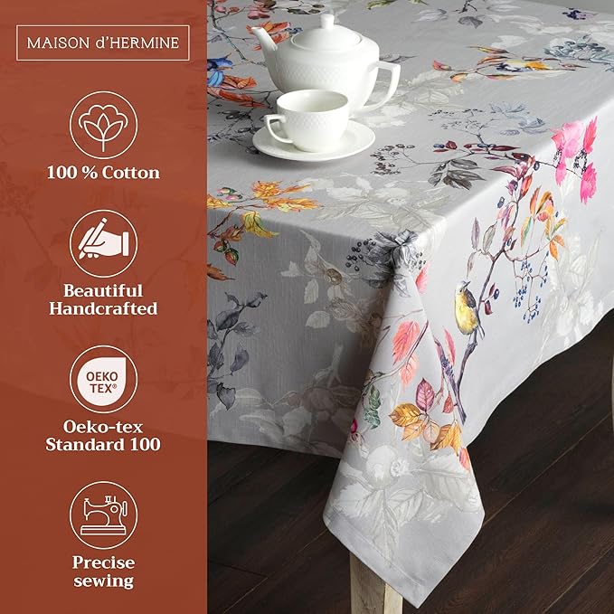Maison d' Hermine Table Cloth Square Table 100% Cotton 60 x 60 Inches Fall Tablecloth Reusable Everyday Use for Thanksgiving Christmas Decorations Dining Farmhouse Party (Equinoxe - Grey)