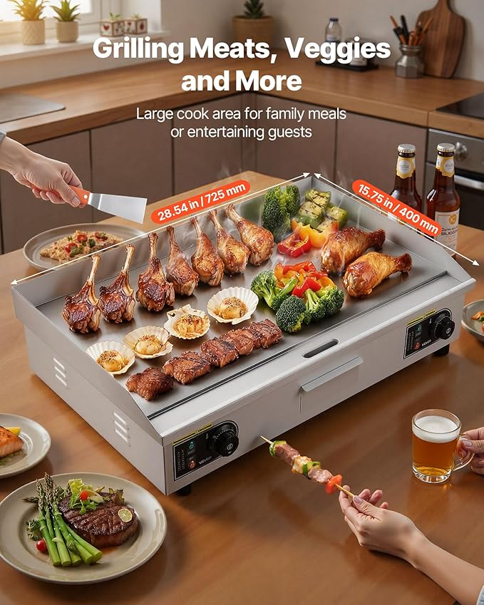 VEVOR Commercial Electric Griddle, 28.54 x 15.75 in, 4400W, 122-570°F Adjustable Temp Control, Stainless Steel Countertop Full Flat Top Grill with 2 Spatulas and 2 Brushes, for Steak, Pancake, Squid