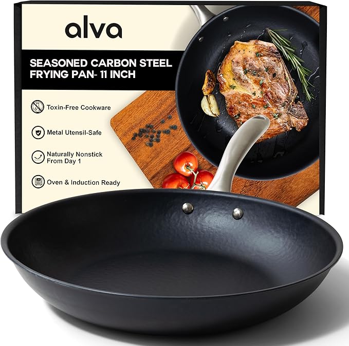 Alva Black Angus 11” Carbon Steel Frying Pan – Naturally Nonstick, PFAS-Free & Toxin-Free, Oven & Induction Safe, Chef-Grade Heat Control, Built to Last a Lifetime, Designed in Belgium