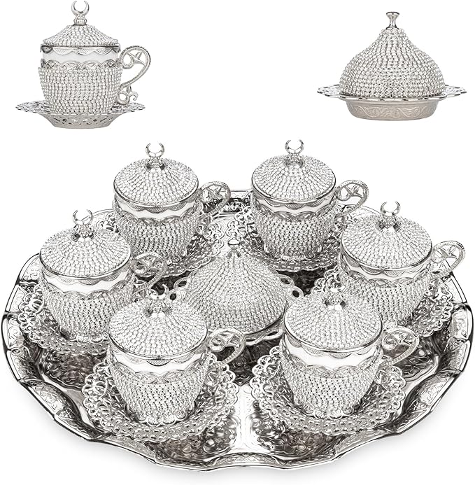 Alisveristime 27 Pc Ottoman Turkish Greek Arabic Coffee Espresso Serving Cup Saucer Crystal Set (Gelincik) - Handcrafted Traditional Set with Hilal Motifs (Silver)