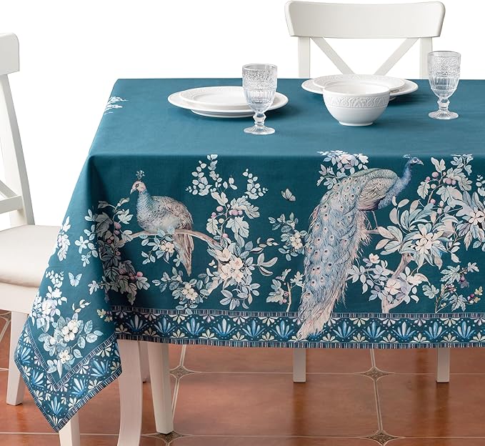 Maison d' Hermine Premium Table Cloth Square Table 100% Combed Cotton 70 x 70 Inches Tablecloth Reusable Decorative for Dining Room, Farmhouse, Party, Festive & Wedding - Peacock Utopia - Deep Sea