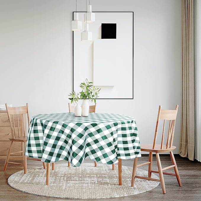 Hiasan Christmas Checkered Round Tablecloth 50 Inch - Waterproof Stain and Wrinkle Resistant Washable Fabric Table Cloth for Dining Room Party Outdoor Picnic, Forest Green and White