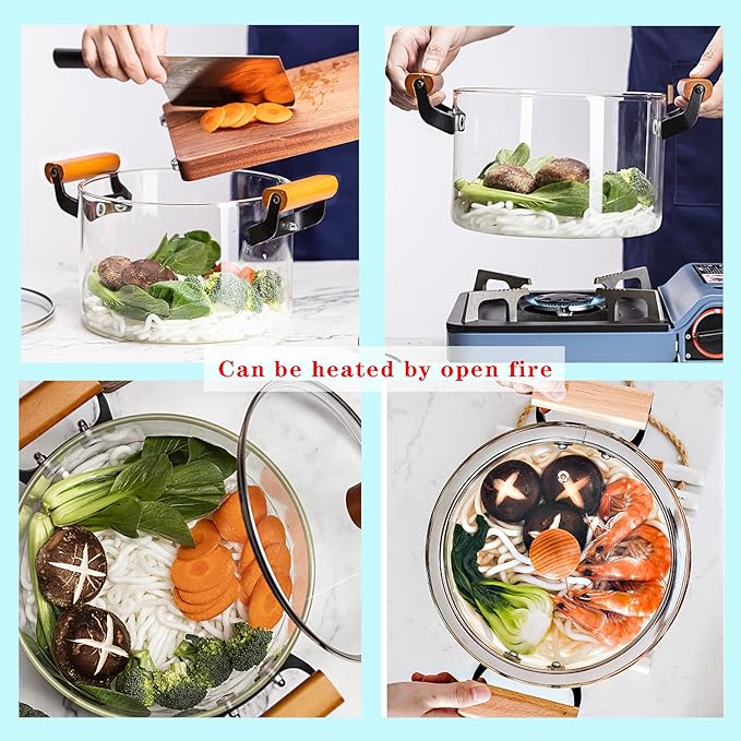 Glass Simmer Pot 3.5L Pots for Cooking with Cover and Wooden Handle Glass Cookware for Stovetop Safe for Pasta Noodle Soup Milk Baby Food(118 oz)