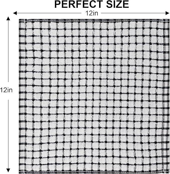 Kitinjoy Cotton 12 Pack Terry Kitchen Dish Cloths, 12 x 12 Inches Super Soft and Absorbent Dish Rags, Quick Drying Dish Towels for Washing Dishes, Black
