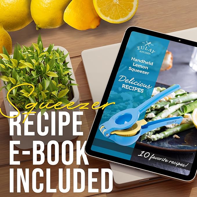 Zulay Kitchen Metal 2-in-1 Lemon Squeezer - Sturdy Max Extraction Hand Juicer Lemon Squeezer Gets Every Last Drop - Easy to Clean Manual Citrus Juicer - Easy-Use Lemon Juicer Squeezer - Blue/Yellow
