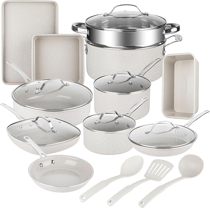 Granitestone Ceraluxe 20 Pc Ceramic Cookware Set Nonstick, Complete Pots and Pans Set Non Stick for Kitchen with Bakeware, Utensils & Steamer, Non Toxic Made Without PFOA PFOS, Oven & Dishwasher Safe