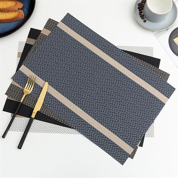 Placemats for Dining Table Set of 4/8 Woven Plastic Place Mats Non-Slip Heat Insulation Stain Table Mat(SHP Black,8 pcs 30x45cm)